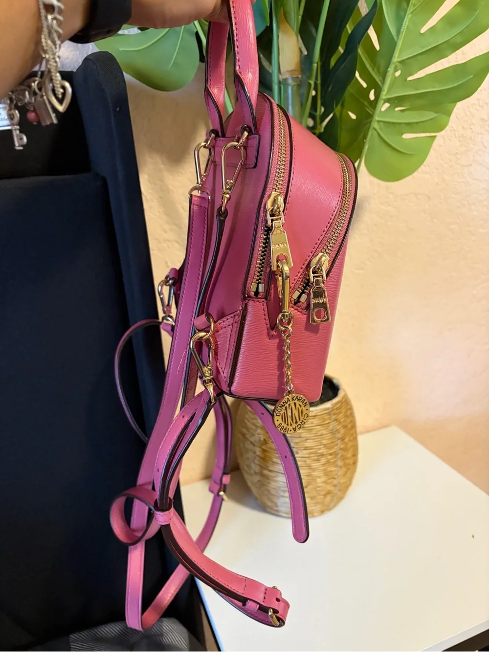 DKNY Hot Pink Mini Leather Backpack with Gold Hardware
